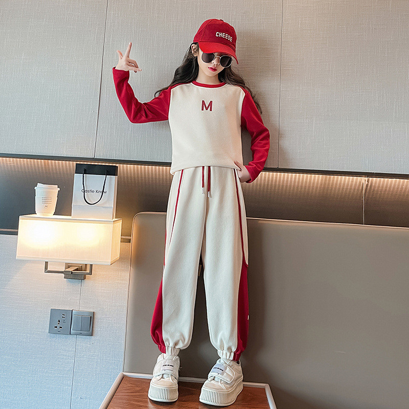 Kevad-sügis tüdrukute puuvillane kontrastse tähestikuga dressipluus + nööriga dressipüksid, koolilapsed, dressid, sörkimisriietus 3–16 a.