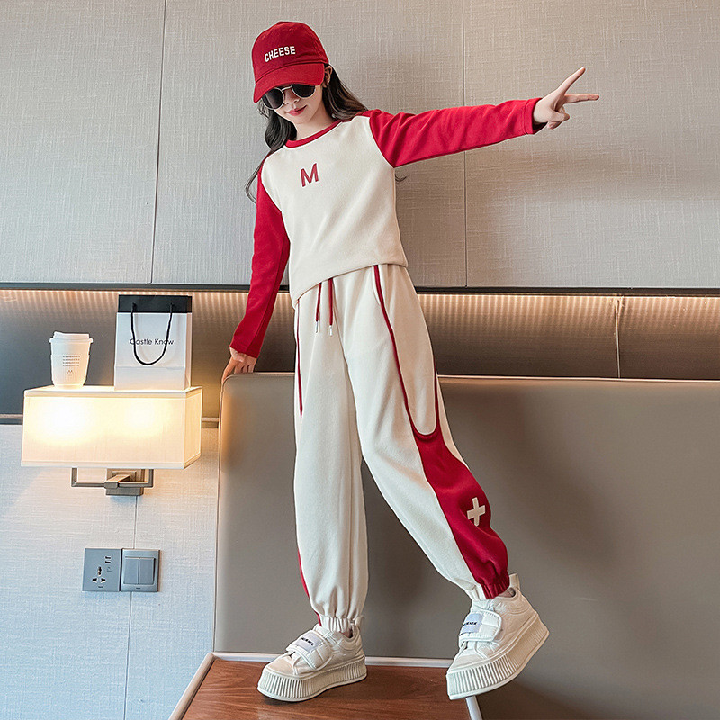 Kevad-sügis tüdrukute puuvillane kontrastse tähestikuga dressipluus + nööriga dressipüksid, koolilapsed, dressid, sörkimisriietus 3–16 a.