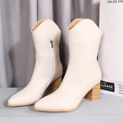 Pantofi subțiri și subțiri cizme scurte plus catifea totul de culoare albă, cu vârf ascuțit, toc gros, cu toc înalt, cizme de cowboy franceze cu picioare mijlocii