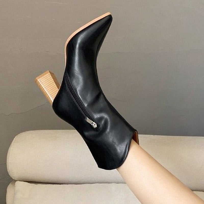 Λεπτά λεπτά παπούτσια κοντές μπότες συν βελούδινα όλα εκρού μυτερή μύτη χοντρό τακούνι ψηλοτάκουνο γαλλικές καουμπόικες μπότες με μεσαίο πόδι