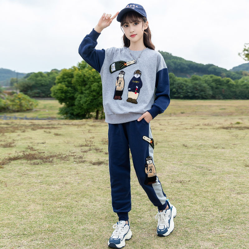 Ανοιξιάτικο φθινόπωρο για κορίτσια με αντίθεση 3D καρτούν με κέντημα ντους Φούτερ + Φούτερ Σχολική Παιδική φόρμα Παιδική φόρμα Jogger 3-16 ετών