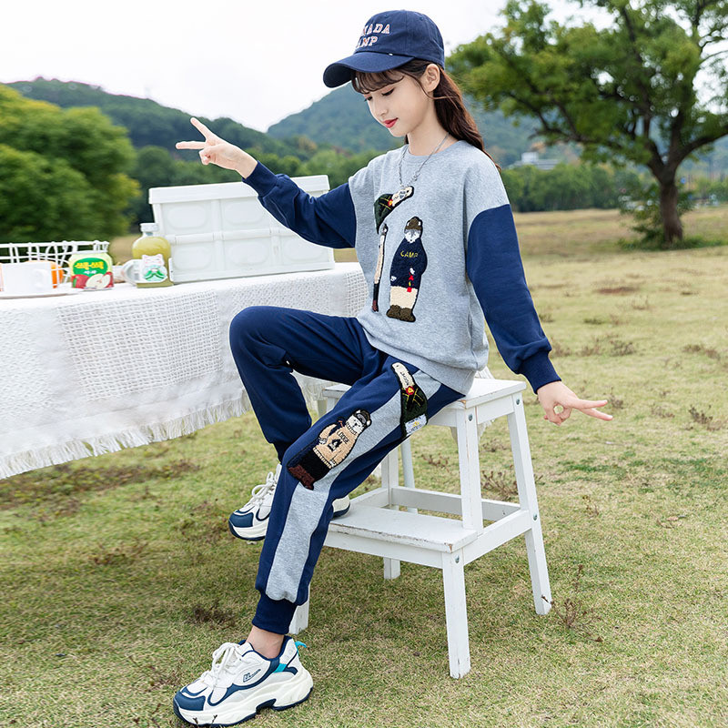 Ανοιξιάτικο φθινόπωρο για κορίτσια με αντίθεση 3D καρτούν με κέντημα ντους Φούτερ + Φούτερ Σχολική Παιδική φόρμα Παιδική φόρμα Jogger 3-16 ετών