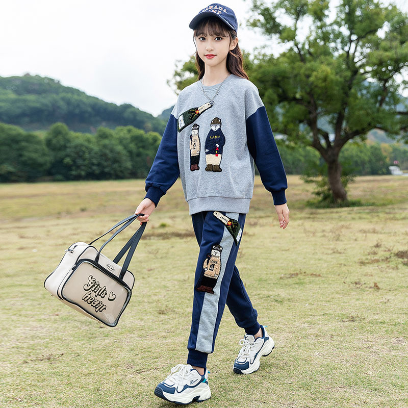 Ανοιξιάτικο φθινόπωρο για κορίτσια με αντίθεση 3D καρτούν με κέντημα ντους Φούτερ + Φούτερ Σχολική Παιδική φόρμα Παιδική φόρμα Jogger 3-16 ετών