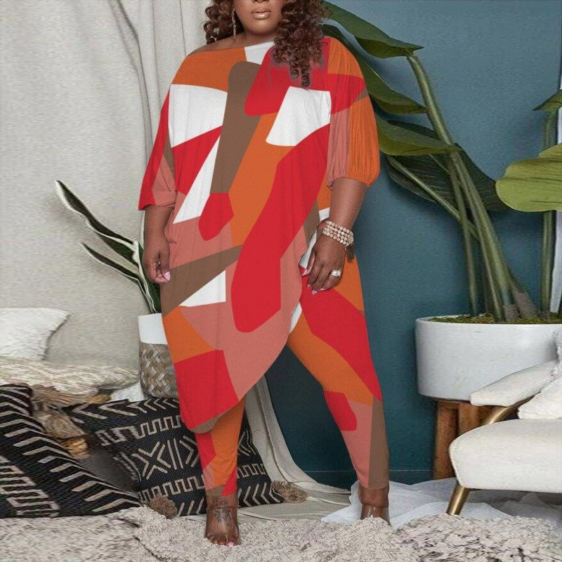 WSFEC 2XL-5XL Suures suuruses sobivad komplektid Naiste riided Kaheosalised komplektid Moeprintimine Irreglar lahtised seksikad sügispüksid