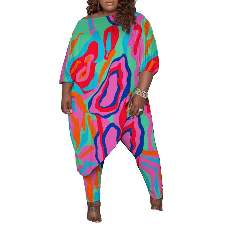 WSFEC 2XL-5XL Suures suuruses sobivad komplektid Naiste riided Kaheosalised komplektid Moeprintimine Irreglar lahtised seksikad sügispüksid