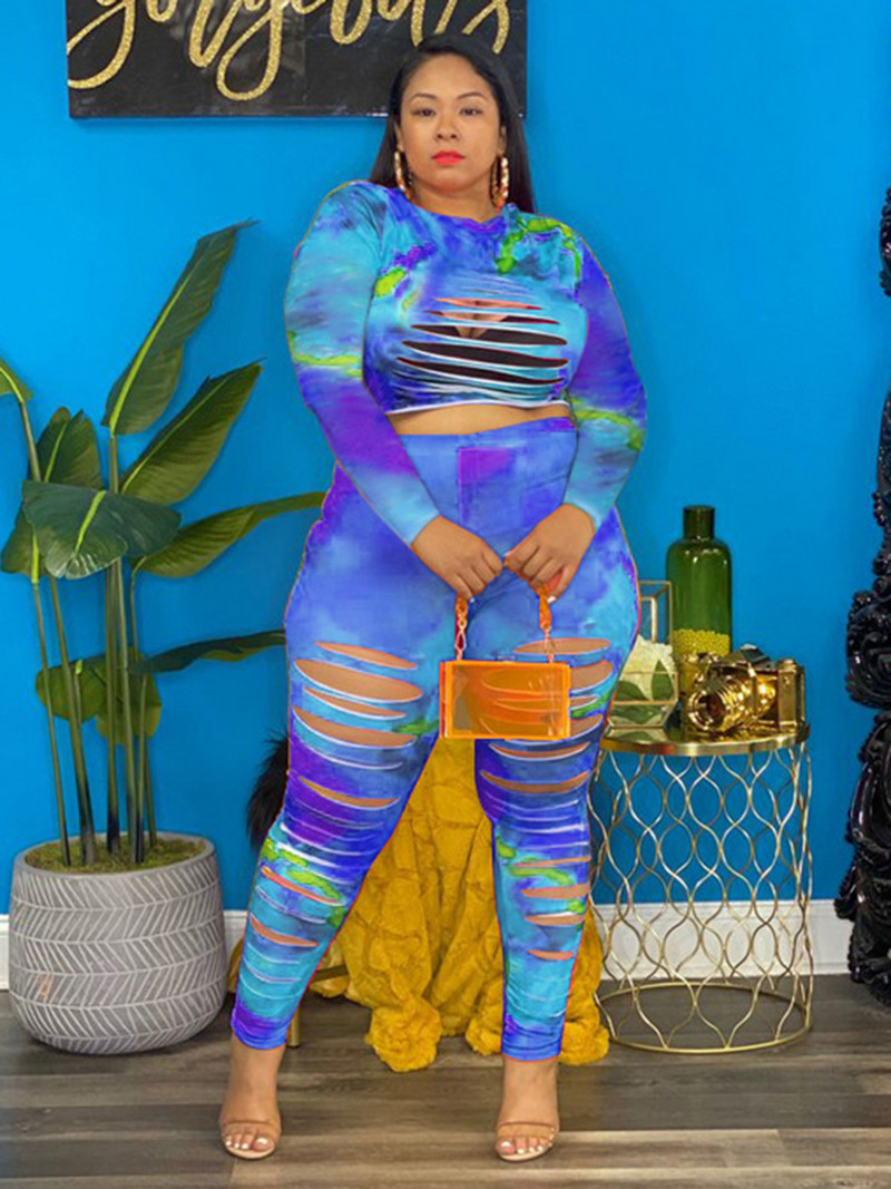 XL-5XL Suures suuruses komplektid Mood 2022 Hole Tie värvimine, pikk varrukas, 2, kaheosalised püksid, kostüümid, seksikad naiste riided, hulgimüük