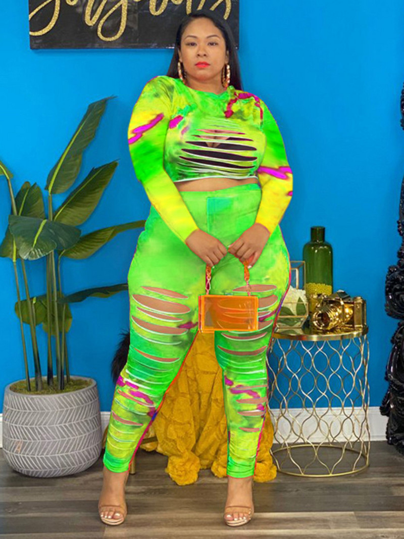 XL-5XL Suures suuruses komplektid Mood 2022 Hole Tie värvimine, pikk varrukas, 2, kaheosalised püksid, kostüümid, seksikad naiste riided, hulgimüük