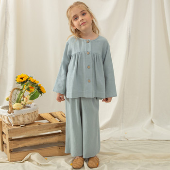 Κοστούμι μουσελίνα 100% βαμβάκι για κορίτσια 2022 Άνοιξη φθινόπωρο Παιδικό καθημερινό πουκάμισο με κουμπιά και παντελόνια Παιδικά ρούχα TZ020