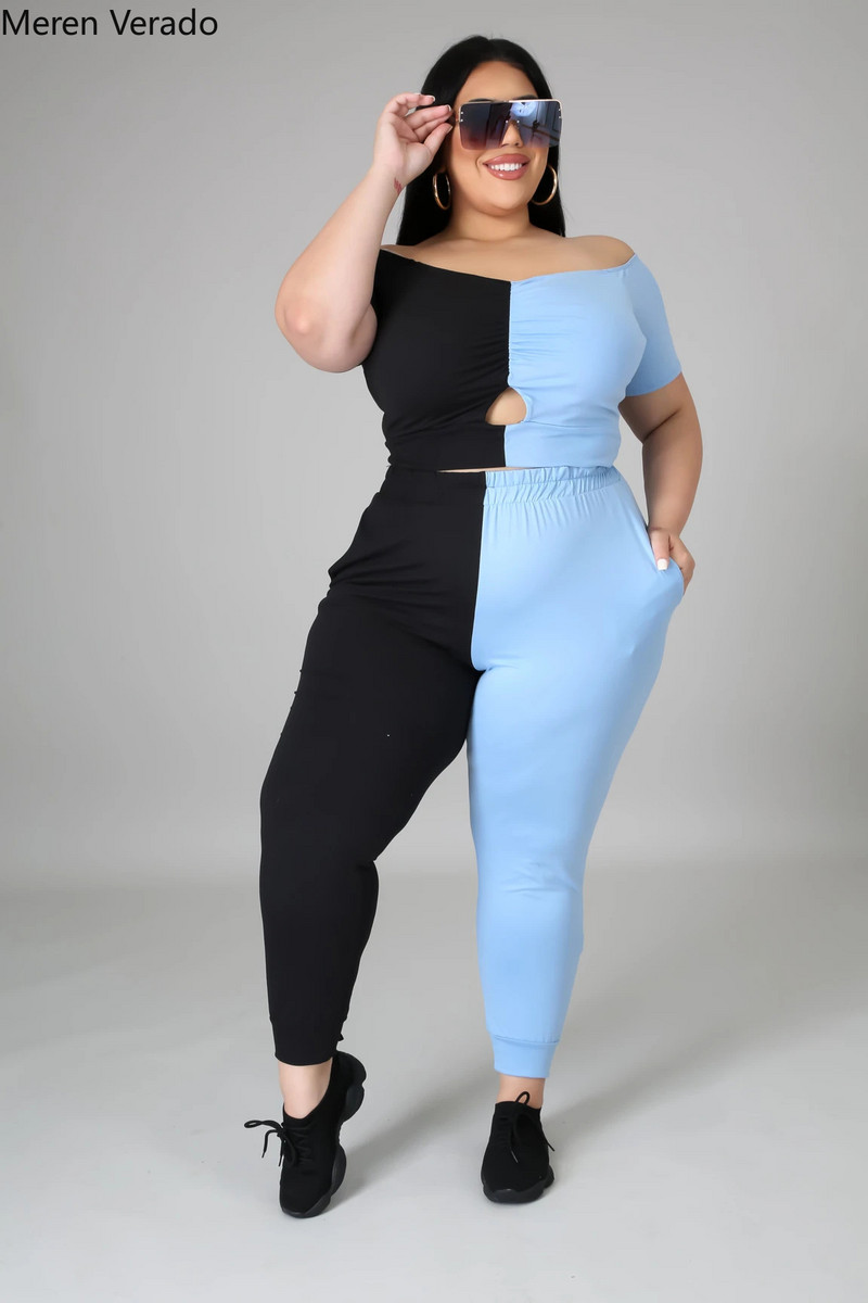 Γυναικεία αθλητική φόρμα Active Plus Size XL-4XL Fashion Cut Out Crop tops και παντελόνια Yoga που ταιριάζουν σε δύο 2 τεμάχια Jogger Φούτερ