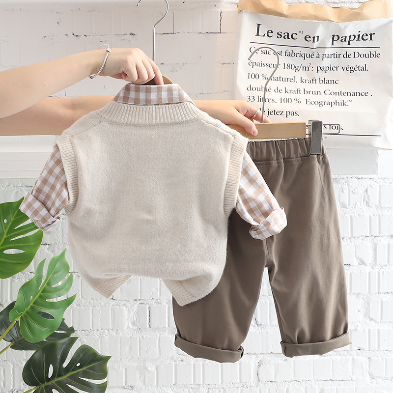 Φθινοπωρινό σετ ρούχων για αγόρια για αγόρια Βρεφικό πλεκτό γιλέκο πουκάμισο ριγέ Παντελόνι καρτούν αρκουδάκι Παιδικά ρούχα Βρεφική φόρμα