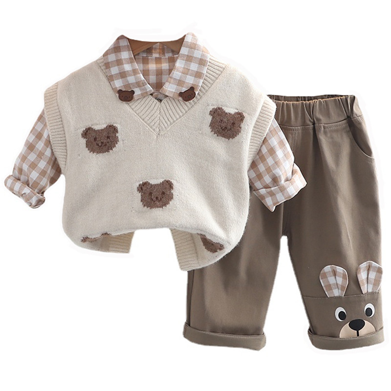 Φθινοπωρινό σετ ρούχων για αγόρια για αγόρια Βρεφικό πλεκτό γιλέκο πουκάμισο ριγέ Παντελόνι καρτούν αρκουδάκι Παιδικά ρούχα Βρεφική φόρμα