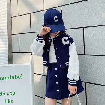 Дрехи за момичета Есенен спортен комплект 2023 Ново бейзболно униформено яке Къса пола Елементарни дрехи за момичета от две части 4 до 15T