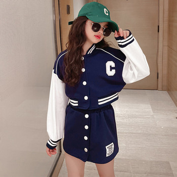 Дрехи за момичета Есенен спортен комплект 2023 Ново бейзболно униформено яке Къса пола Елементарни дрехи за момичета от две части 4 до 15T