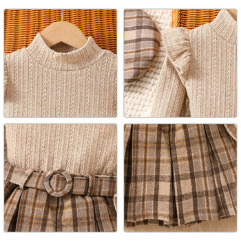 Βρεφικά κοριτσάκια Ανοιξιάτικο φθινόπωρο βολάν μακρυμάνικο μασίφ μπλούζες + καρό πλισέ φούστα + ζώνη + μπερέ τετράπλευρη φόρμα 2-7 ετών Παιδική φόρμα