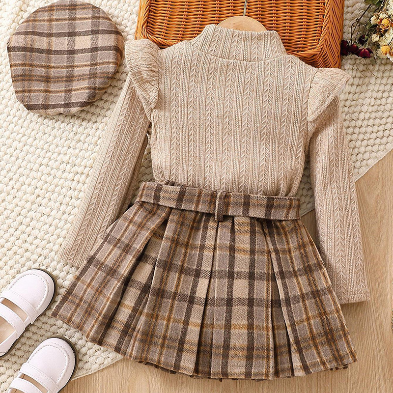 Βρεφικά κοριτσάκια Ανοιξιάτικο φθινόπωρο βολάν μακρυμάνικο μασίφ μπλούζες + καρό πλισέ φούστα + ζώνη + μπερέ τετράπλευρη φόρμα 2-7 ετών Παιδική φόρμα