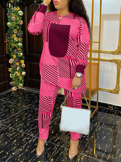 Plus Size 5XL VONDA Γυναικεία Παντελόνια Μακρυμάνικα Μπλουζάκια Casual ασορτί Σετ 2023 Fashion ελαστικό παντελόνι μέσης ριγέ εμπριμέ 2 τμχ