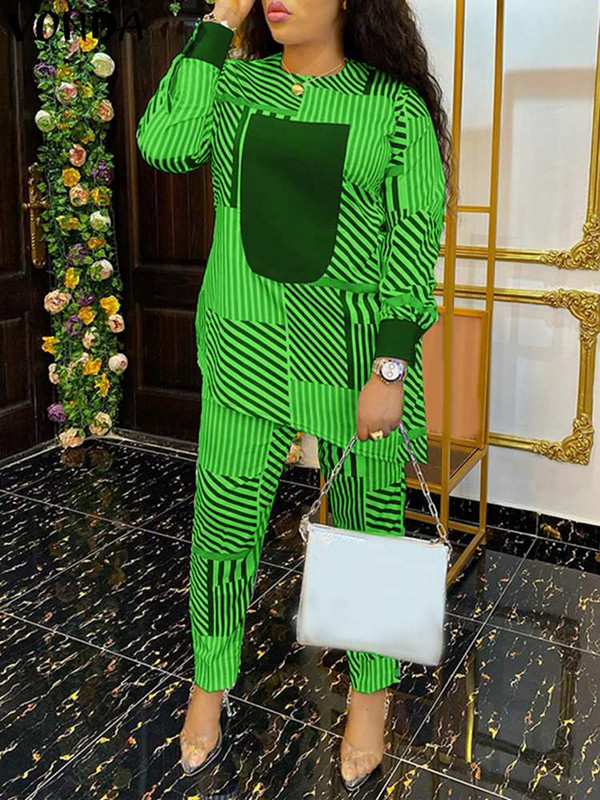 Plus Size 5XL VONDA Γυναικεία Παντελόνια Μακρυμάνικα Μπλουζάκια Casual ασορτί Σετ 2023 Fashion ελαστικό παντελόνι μέσης ριγέ εμπριμέ 2 τμχ