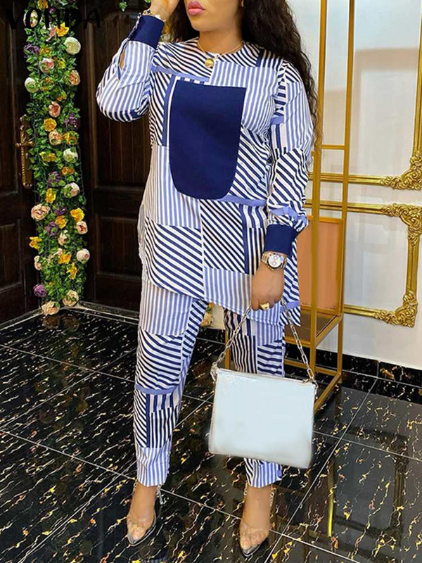 Plus Size 5XL VONDA Γυναικεία Παντελόνια Μακρυμάνικα Μπλουζάκια Casual ασορτί Σετ 2023 Fashion ελαστικό παντελόνι μέσης ριγέ εμπριμέ 2 τμχ