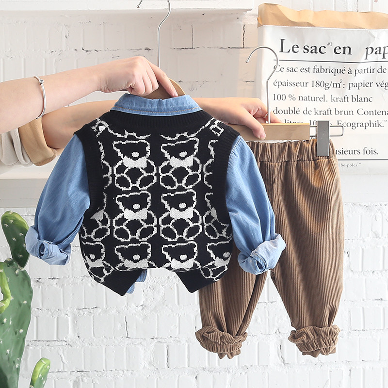 Σετ ρούχων για μικρά αγόρια 2022 Άνοιξη φθινόπωρο Παιδικά καθημερινά ρούχα Πλεκτό γιλέκο κινουμένων σχεδίων τζιν πουκάμισο παντελόνι Παιδικά ρούχα