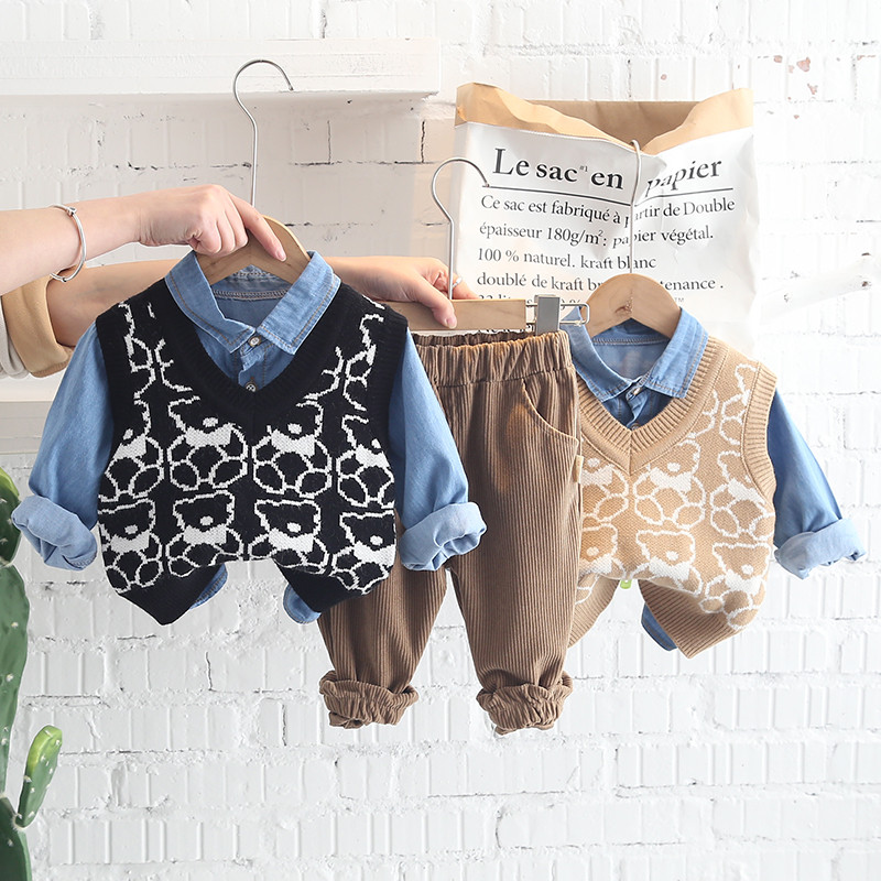 Σετ ρούχων για μικρά αγόρια 2022 Άνοιξη φθινόπωρο Παιδικά καθημερινά ρούχα Πλεκτό γιλέκο κινουμένων σχεδίων τζιν πουκάμισο παντελόνι Παιδικά ρούχα
