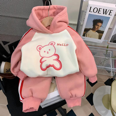 Talvine beebi ja tüdrukute kapuutsiga kontrastne triibuline multikas fliisvoodriga kampsun + dressipükste komplekt, laste dressid, lasteriietus 1-10 a.