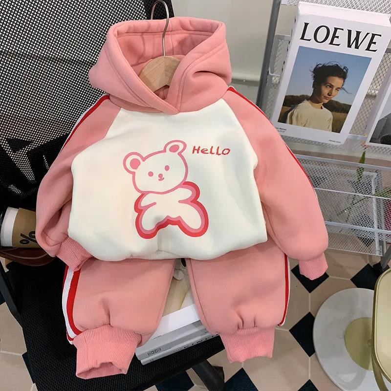 Talvine beebi ja tüdrukute kapuutsiga kontrastne triibuline multikas fliisvoodriga kampsun + dressipükste komplekt, laste dressid, lasteriietus 1-10 a.