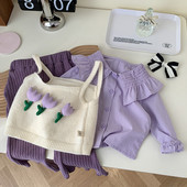 Σετ για κορίτσια 2023 Φθινόπωρο Νέο Παιδικό γιακά Πόλο Πουκάμισο απλικέ+Τοπ-Τοπ+Παντελόνι Σετ Τριών τεμαχίων Παιδικά Ρούχα