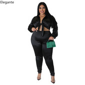 Dámske saténové oblečenie Plus Size 5XL, dvojdielna súprava, sexy kancelárske tričko s dlhým rukávom a šnurovaním, topy, ležérne pevné nohavice, spoločenský oblek