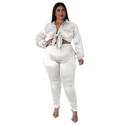 Dámske saténové oblečenie Plus Size 5XL, dvojdielna súprava, sexy kancelárske tričko s dlhým rukávom a šnurovaním, topy, ležérne pevné nohavice, spoločenský oblek