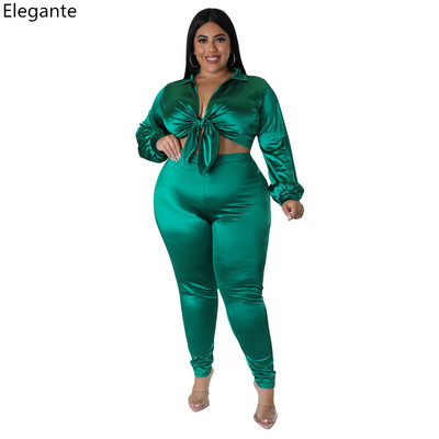 Dámske saténové oblečenie Plus Size 5XL, dvojdielna súprava, sexy kancelárske tričko s dlhým rukávom a šnurovaním, topy, ležérne pevné nohavice, spoločenský oblek