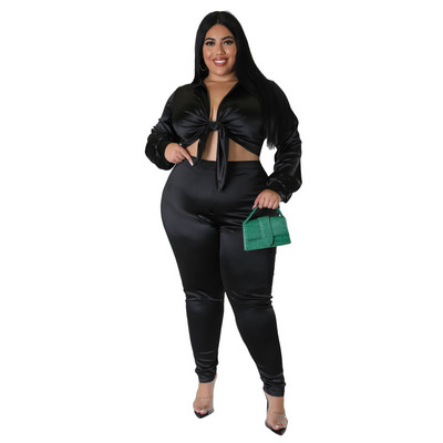 Dámske saténové oblečenie Plus Size 5XL, dvojdielna súprava, sexy kancelárske tričko s dlhým rukávom a šnurovaním, topy, ležérne pevné nohavice, spoločenský oblek
