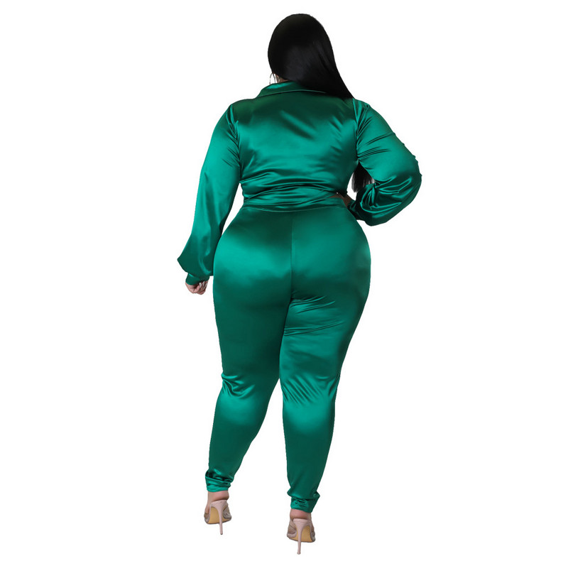 Dámske saténové oblečenie Plus Size 5XL, dvojdielna súprava, sexy kancelárske tričko s dlhým rukávom a šnurovaním, topy, ležérne pevné nohavice, spoločenský oblek