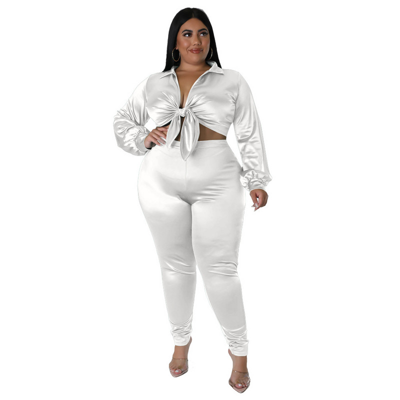 Dámske saténové oblečenie Plus Size 5XL, dvojdielna súprava, sexy kancelárske tričko s dlhým rukávom a šnurovaním, topy, ležérne pevné nohavice, spoločenský oblek
