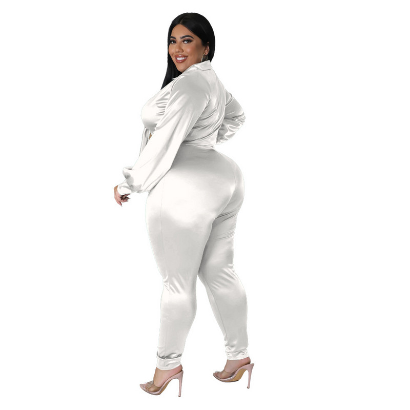 Dámske saténové oblečenie Plus Size 5XL, dvojdielna súprava, sexy kancelárske tričko s dlhým rukávom a šnurovaním, topy, ležérne pevné nohavice, spoločenský oblek