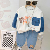 Суичър за бебета, момчета, момичета, дънки, есенни комплекти от детско облекло за 2023 г., детски спортни дрехи с анимационно мече, дрехи за малки деца, облекла за бебета