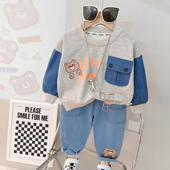 Суичър за бебета, момчета, момичета, дънки, есенни комплекти от детско облекло за 2023 г., детски спортни дрехи с анимационно мече, дрехи за малки деца, облекла за бебета