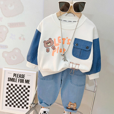 Суичър за бебета, момчета, момичета, дънки, есенни комплекти от детско облекло за 2023 г., детски спортни дрехи с анимационно мече, дрехи за малки деца, облекла за бебета