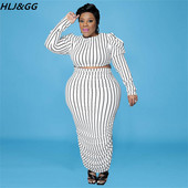HLJ&GG Fusta elegantă cu dungi cu imprimeu pentru damă Seturi de două piese femei cu gât rotund cu mâneci bufante Crop top și fuste skinny ținute marimi mari