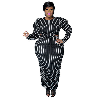 HLJ&GG Fusta elegantă cu dungi cu imprimeu pentru damă Seturi de două piese femei cu gât rotund cu mâneci bufante Crop top și fuste skinny ținute marimi mari