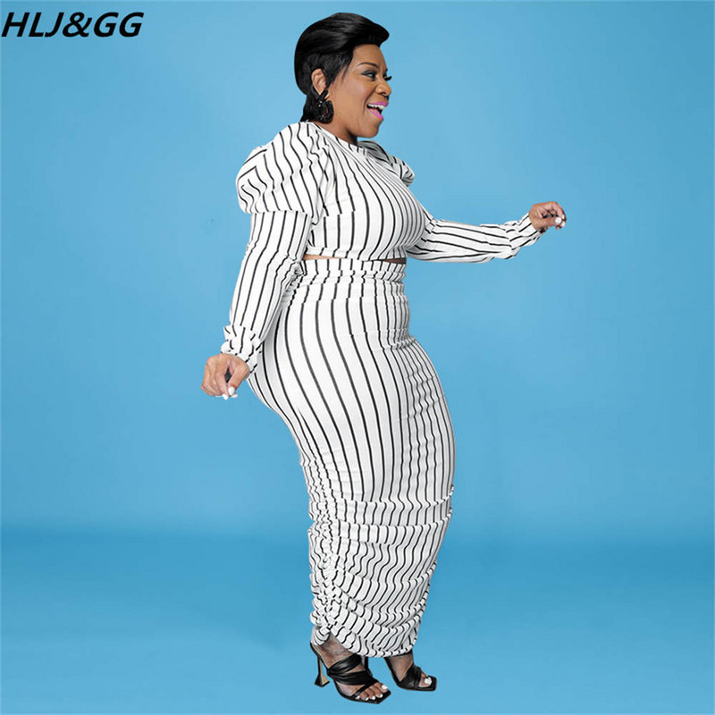 HLJ&GG Fusta elegantă cu dungi cu imprimeu pentru damă Seturi de două piese femei cu gât rotund cu mâneci bufante Crop top și fuste skinny ținute marimi mari