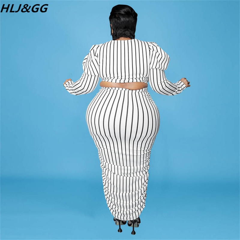 HLJ&GG Fusta elegantă cu dungi cu imprimeu pentru damă Seturi de două piese femei cu gât rotund cu mâneci bufante Crop top și fuste skinny ținute marimi mari