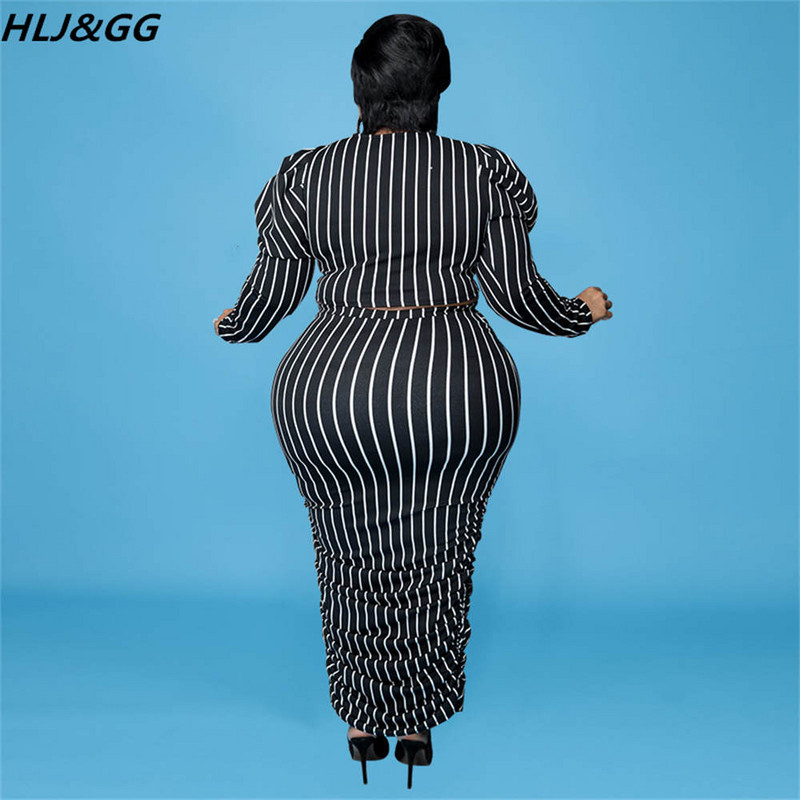 HLJ&GG Fusta elegantă cu dungi cu imprimeu pentru damă Seturi de două piese femei cu gât rotund cu mâneci bufante Crop top și fuste skinny ținute marimi mari