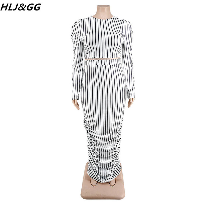 HLJ&GG Fusta elegantă cu dungi cu imprimeu pentru damă Seturi de două piese femei cu gât rotund cu mâneci bufante Crop top și fuste skinny ținute marimi mari