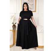 Odjevni predmeti velikih veličina za žene 4xl 5xl modni okrugli ovratnik jednobojni zavoji ljuljačka dvodijelni set suknji veleprodaja Dropshipping