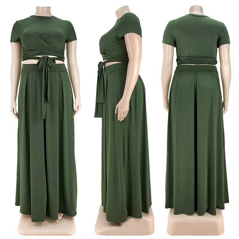 Γυναικείες στολές συν μεγεθών 4xl 5xl μόδας στρογγυλός γιακάς μονόχρωμος επίδεσμος κούνια δύο τεμαχίων σετ φούστες χονδρική Dropshipping