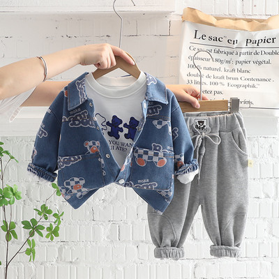 Φθινοπωρινά Παιδικά Σετ Ρούχα Βρεφικά Αγόρια Ρούχα Ρούχα Βρεφικά Κινούμενα σχέδια Αρκούδα Τζιν Μπουφάν T Πουκάμισο Παντελόνι 3 τμχ Κοστούμι Παιδική φόρμα