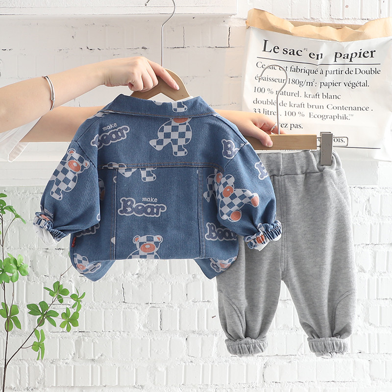 Φθινοπωρινά Παιδικά Σετ Ρούχα Βρεφικά Αγόρια Ρούχα Ρούχα Βρεφικά Κινούμενα σχέδια Αρκούδα Τζιν Μπουφάν T Πουκάμισο Παντελόνι 3 τμχ Κοστούμι Παιδική φόρμα