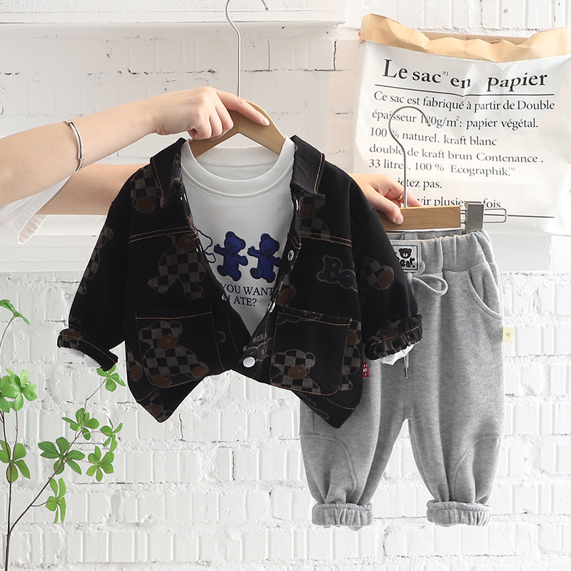 Φθινοπωρινά Παιδικά Σετ Ρούχα Βρεφικά Αγόρια Ρούχα Ρούχα Βρεφικά Κινούμενα σχέδια Αρκούδα Τζιν Μπουφάν T Πουκάμισο Παντελόνι 3 τμχ Κοστούμι Παιδική φόρμα