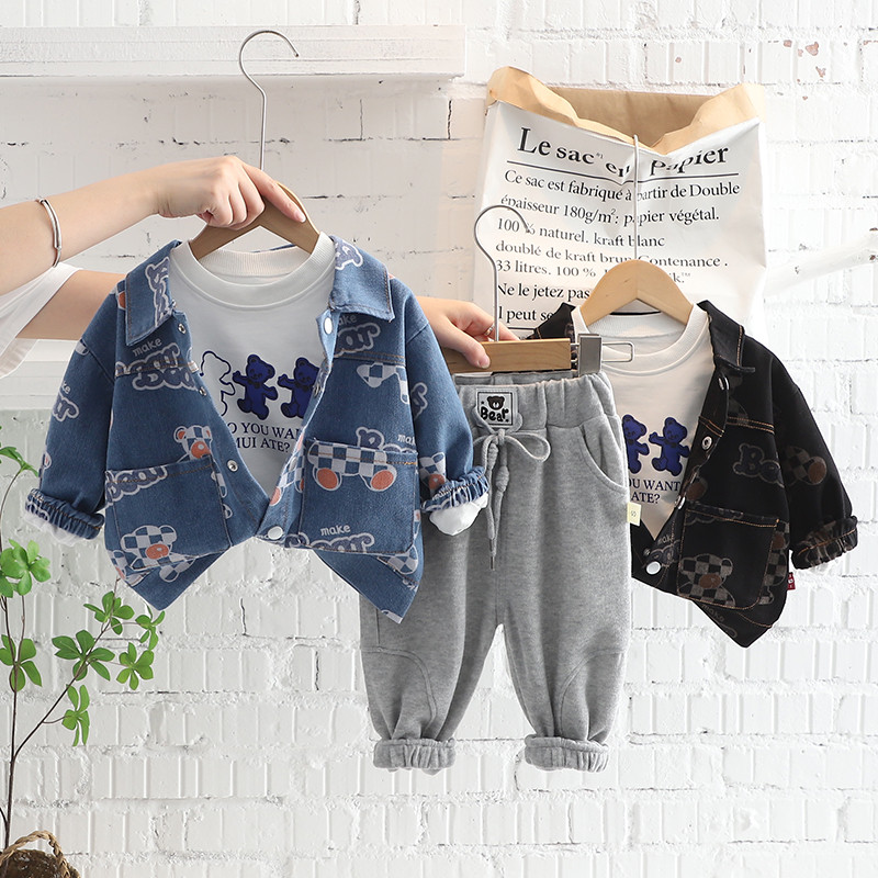 Φθινοπωρινά Παιδικά Σετ Ρούχα Βρεφικά Αγόρια Ρούχα Ρούχα Βρεφικά Κινούμενα σχέδια Αρκούδα Τζιν Μπουφάν T Πουκάμισο Παντελόνι 3 τμχ Κοστούμι Παιδική φόρμα