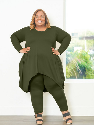 Plus Size Two Piece Outfits Γυναικείες casual τσέπες Loose top κολάν Σετ φόρμα στιβαρής ελαστικότητας 3xl 4xl 5xl 6xl